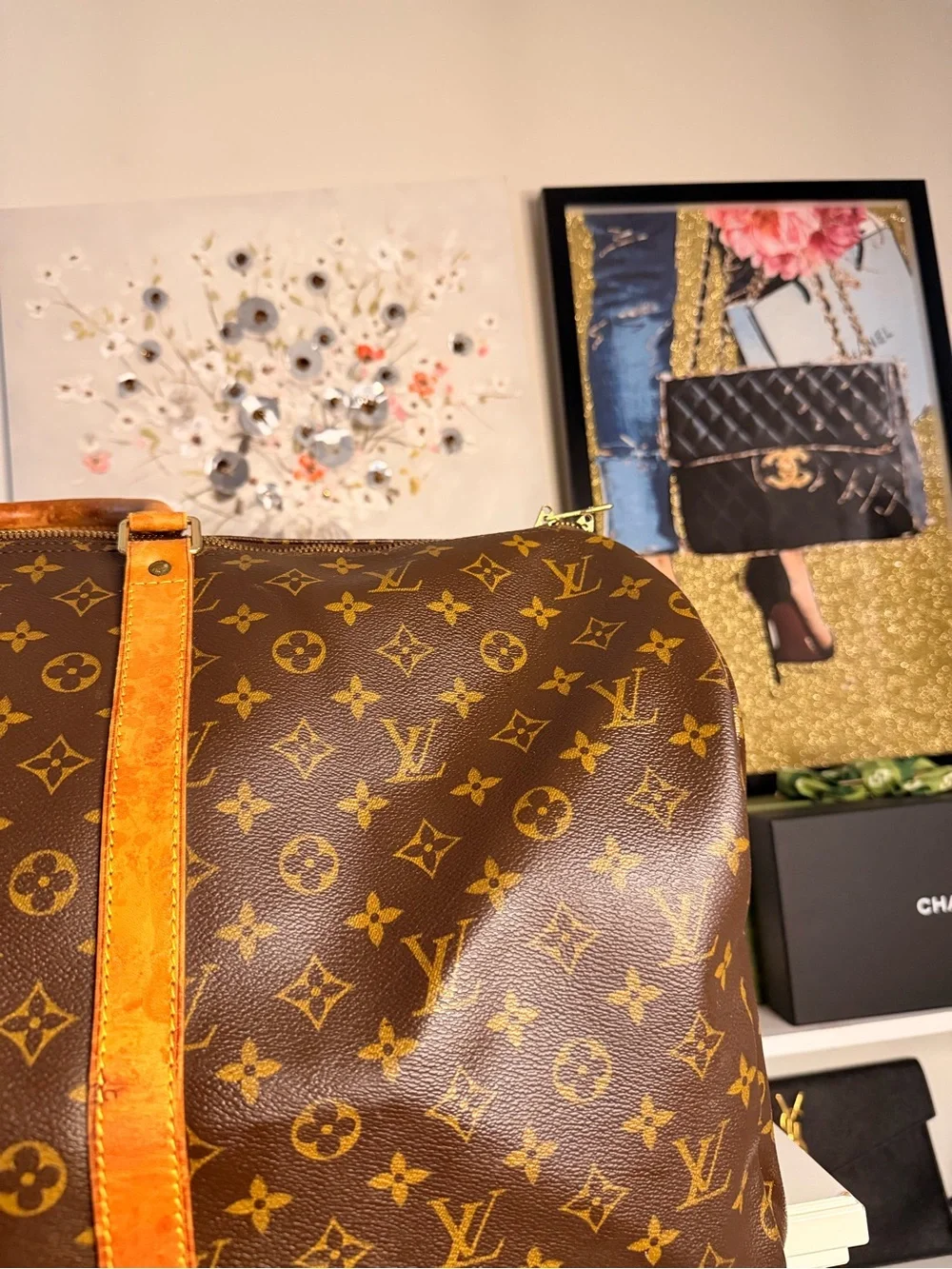Louis Vuitton Brown Monogram Travel Duffle with Tan Leather Trim